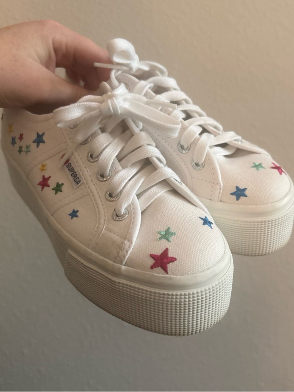 Superga White Canvas Platform Sneakers with Multicolor Star Accents